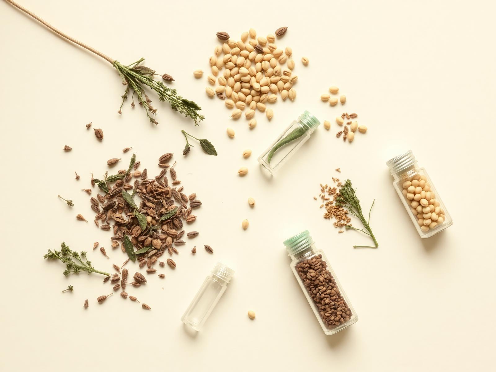 Botanicals and seeds laid out