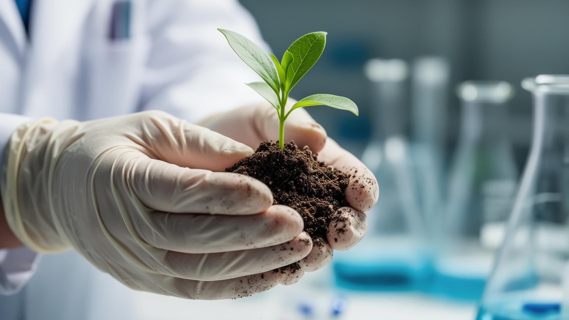 Scientist holding plant sprout in lab